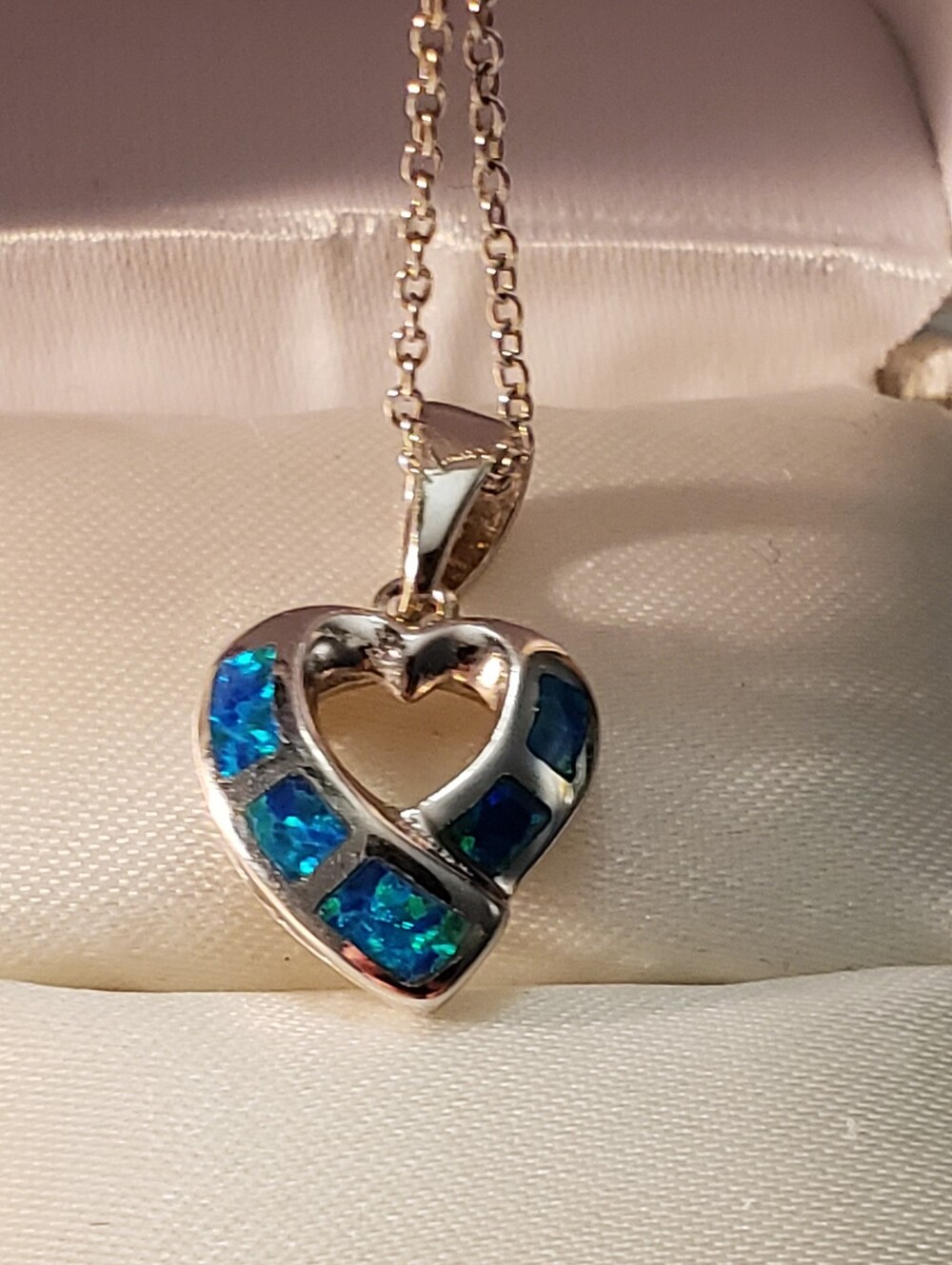 Sterling Silver Heart Pendant Necklace with Blue-Green Opal Inlay